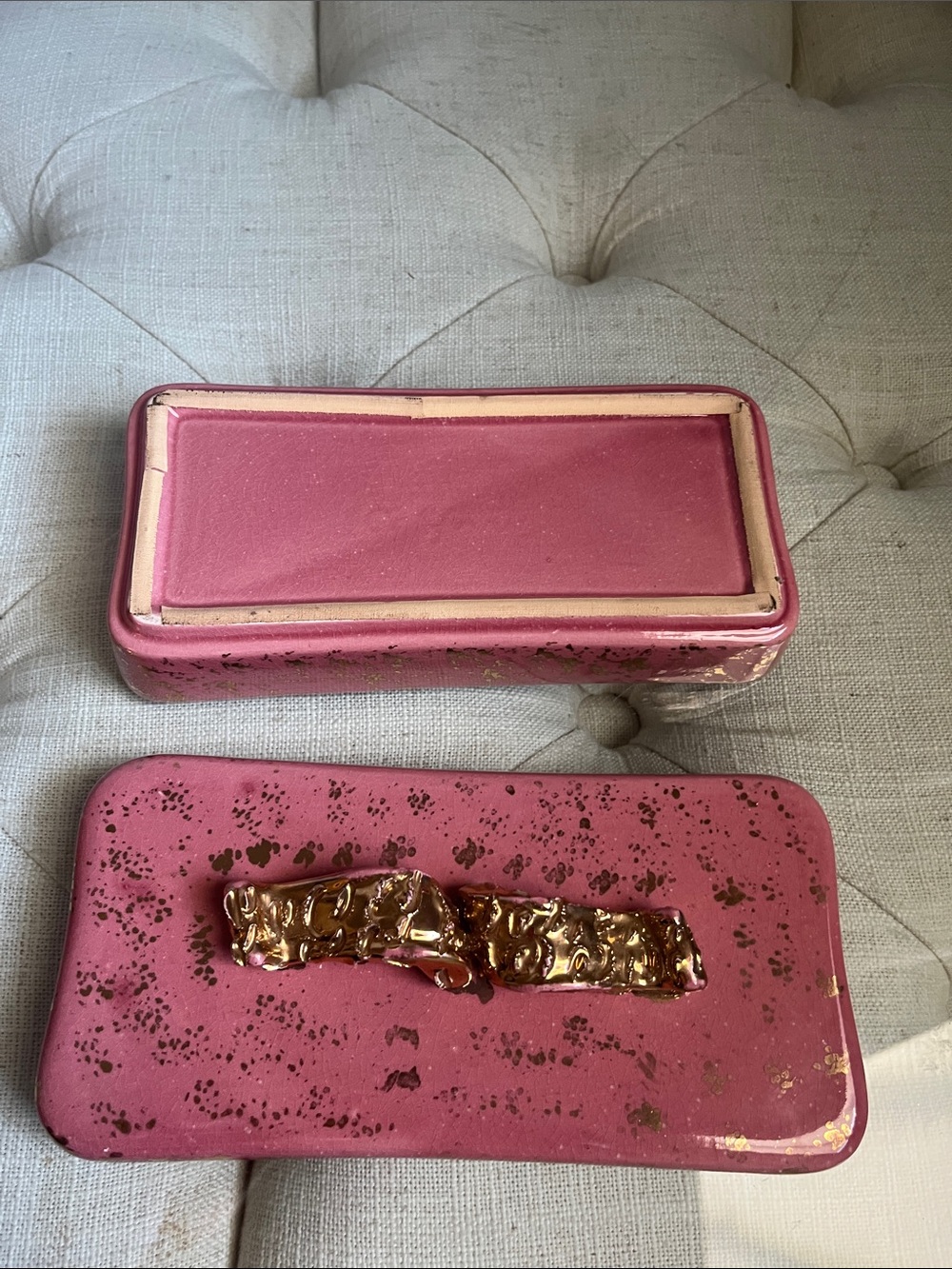 Vintage Hollywood Regency Pink Gold Metallic Handle Specs Jewelry Trinket Box - Picture 11 of 16